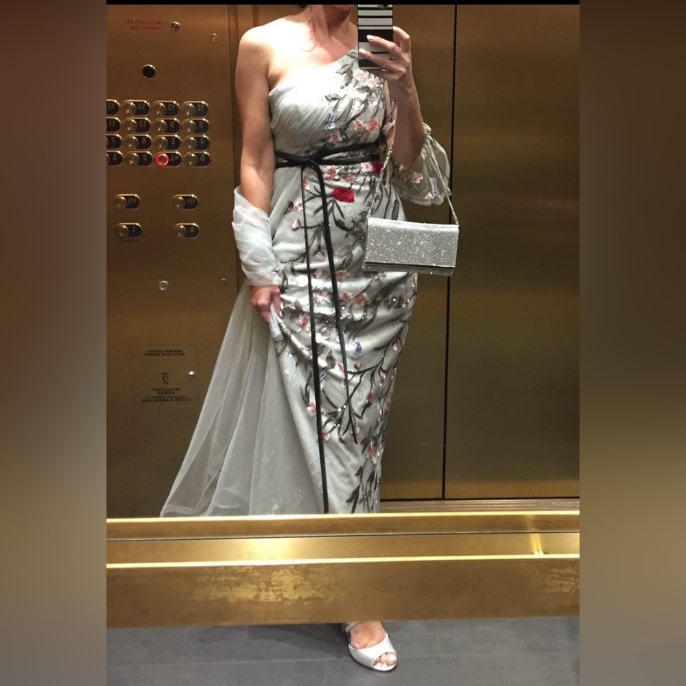 Mac Duggal Silver One-Shoulder Floral Embroidered Gown with Black Waist Tie